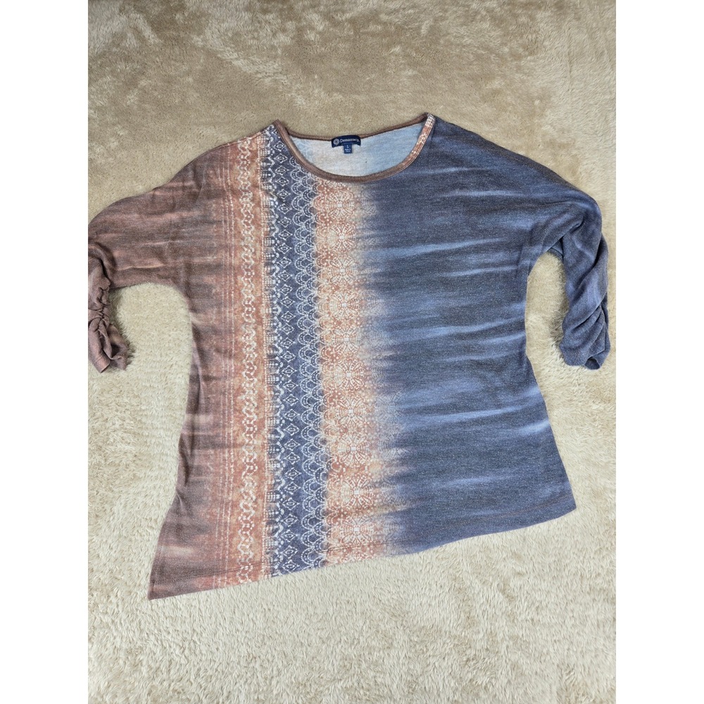 Democracy Womens Mixed Print Asymmetrical Hem Long Sleeve‎ Top Blue Brown L